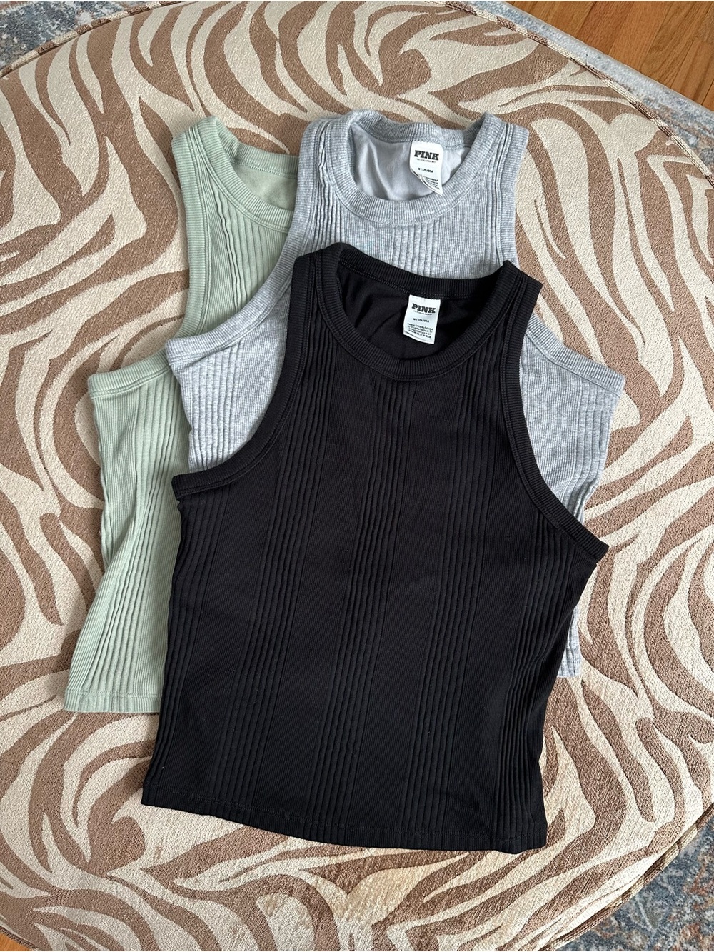 3-PINK Victoria's Secret Ribbed Tank Top - Black, Grey, Green
